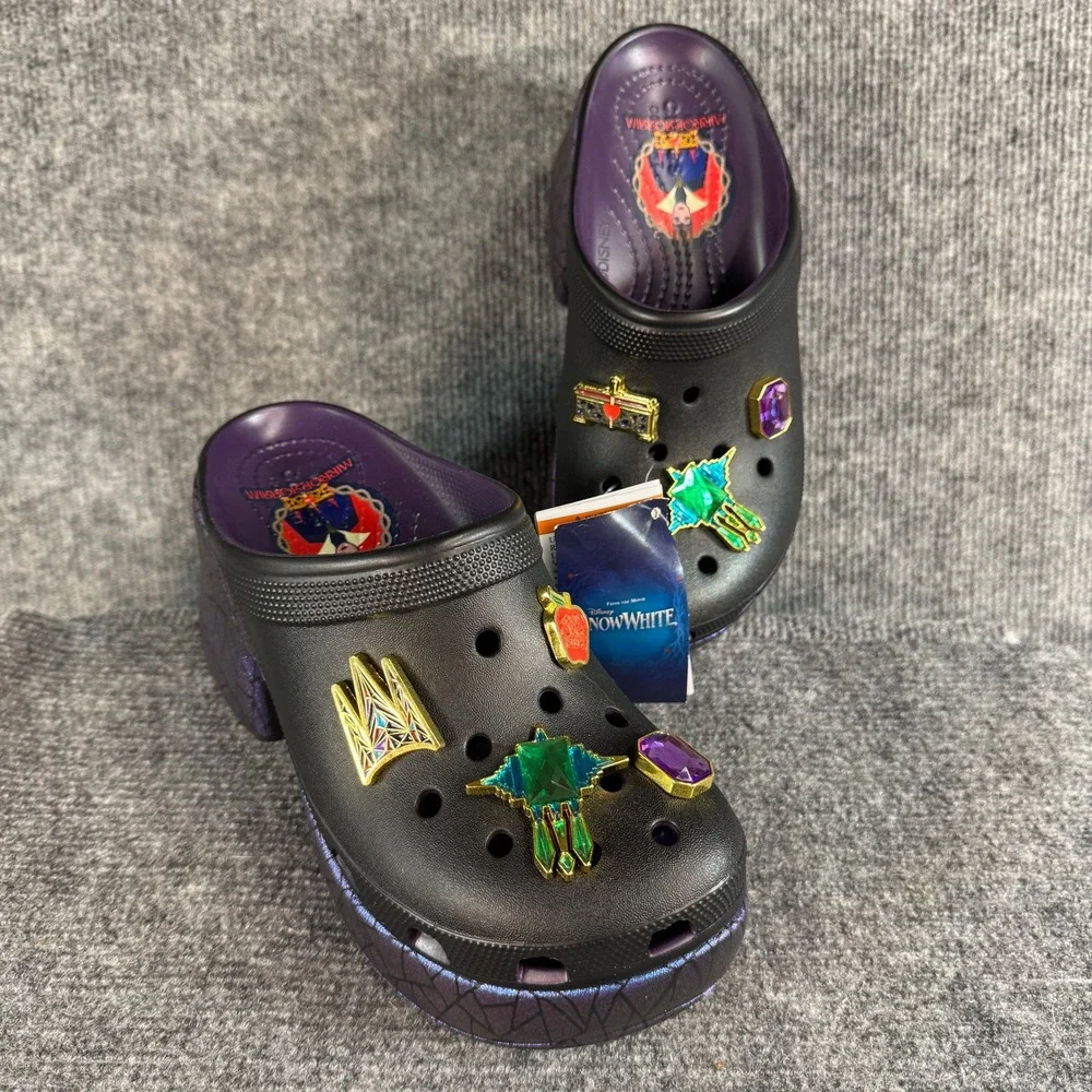 NWT Crocs Disney Snow White Evil Queen Siren Black Purple Platform 209827-001